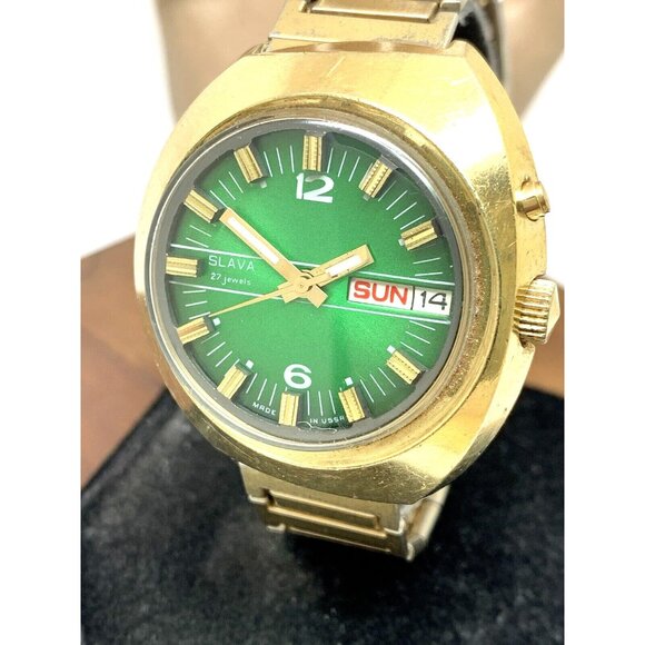 Slava Men's Watch Vintage USSR Automatic Green Dial Day Date Gold Steel 41mm